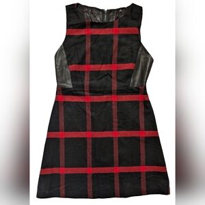 Alice + Olivia Jolie Leather Side Plaid Dress Red Black Wool Cashmere, Size 8